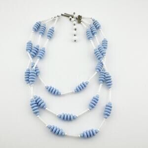 Vintage Made in Austria Blue & White Beaded Triple Strand Necklace